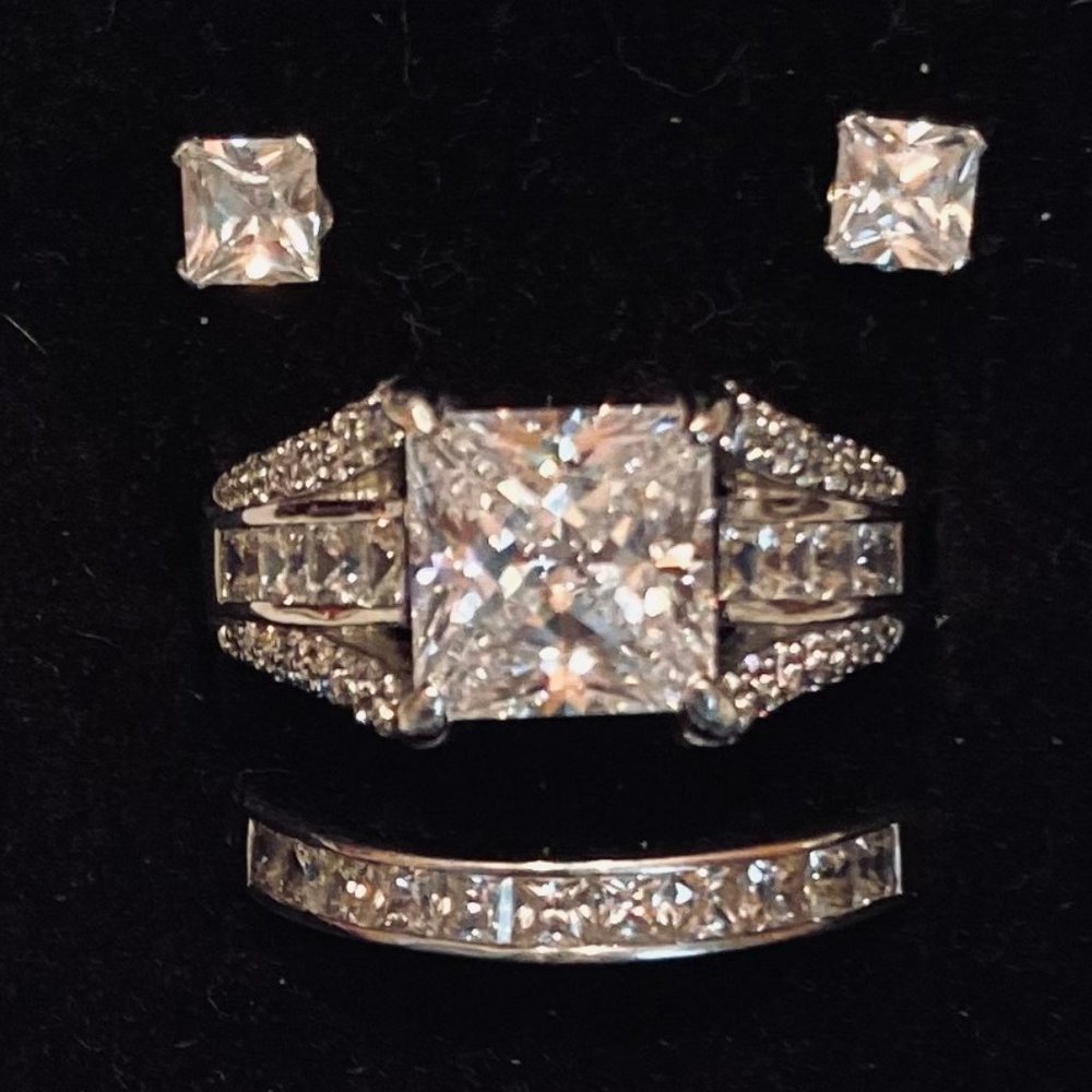 925 Princess Cut CZ Wedding Set by Seta - 3+ Carats- BONUS Earrings to Match